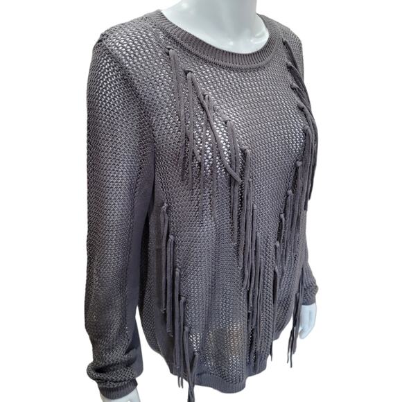 New York & Company Gray Fringe Tassel Open Knit Sweater Womens Large Semi Sheer - Picture 9 of 10